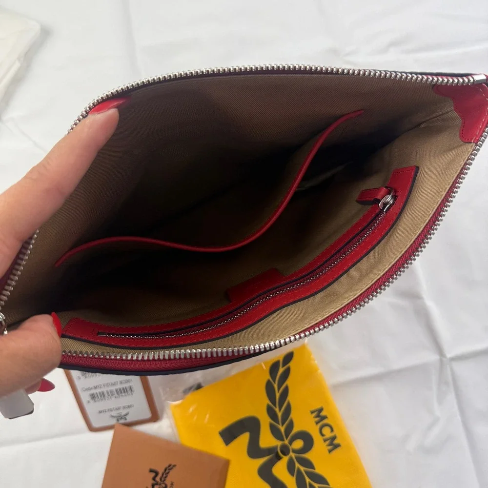 MCM Visetos Monogram Red Leather Clutch Crossbody Bag MYZ FSTA07 XC001 - Picture 7 of 11